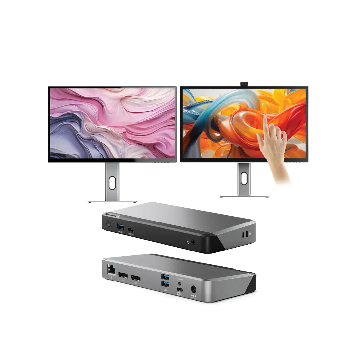 CLARITY 27" UHD 4K Monitor + Clarity Pro Touch 27" UHD 4K Monitor with 65W PD, Webcam and Touchscreen + DX2 Dual 4K Display Universal Docking Station ""œ with 65W Power Delivery