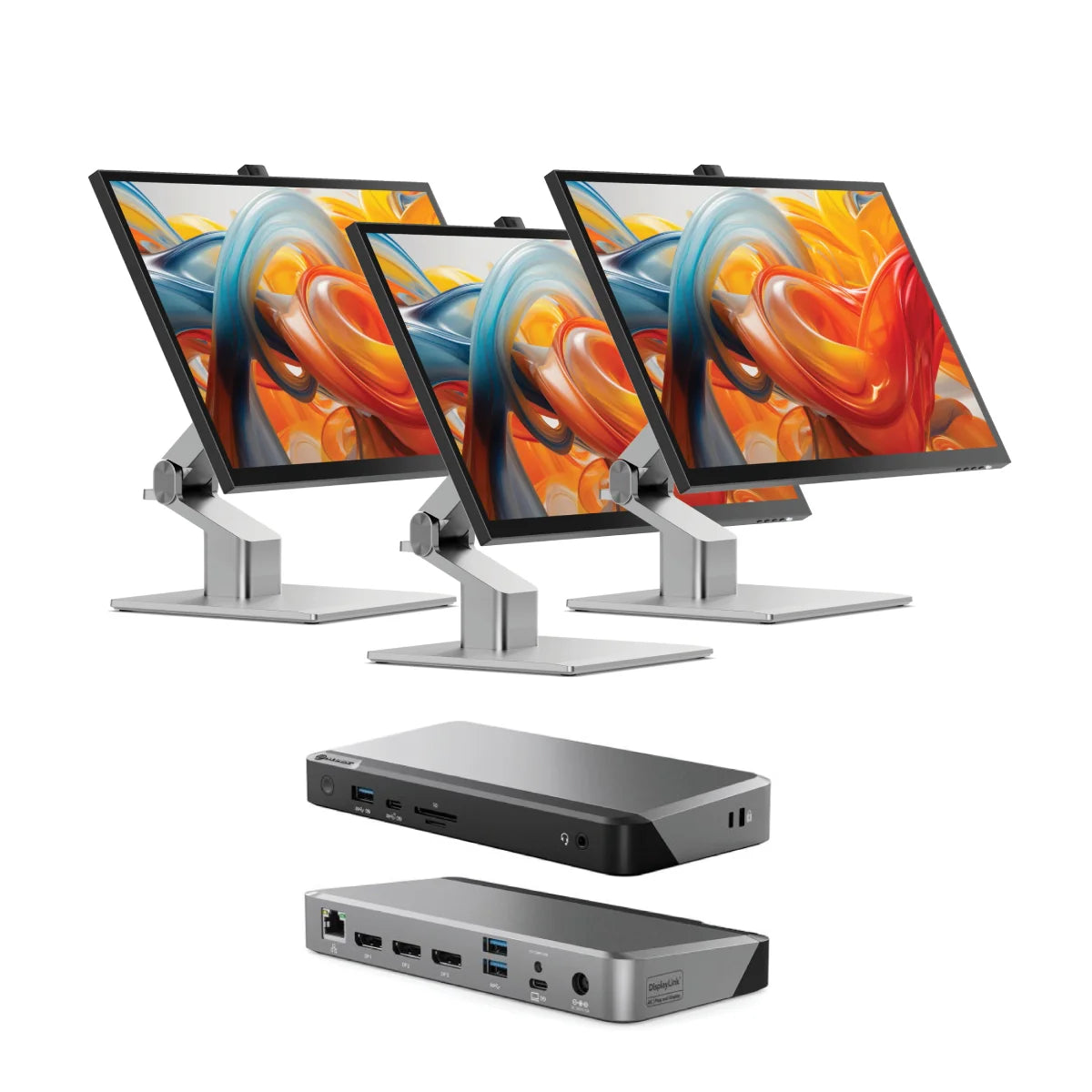 Clarity Fold Touch 27" 4K UHD Monitor with 65W Power Delivery, Webcam, Touchscreen & Fold Stand (Pack of 3) + DX3 Triple 4K Display Universal Docking Station - with 100W Power Delivery